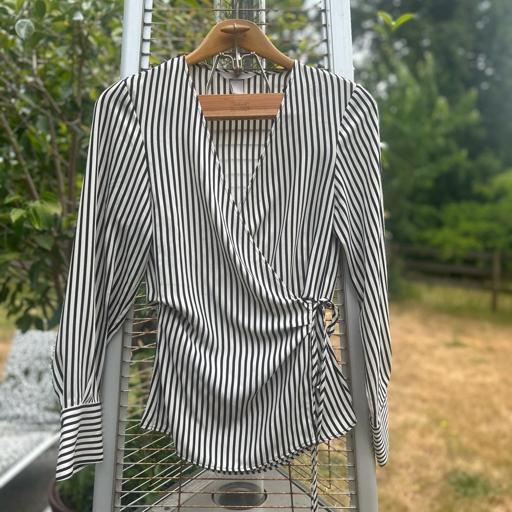 H&M Black and White Wrap Blouse with Mandarin Collar